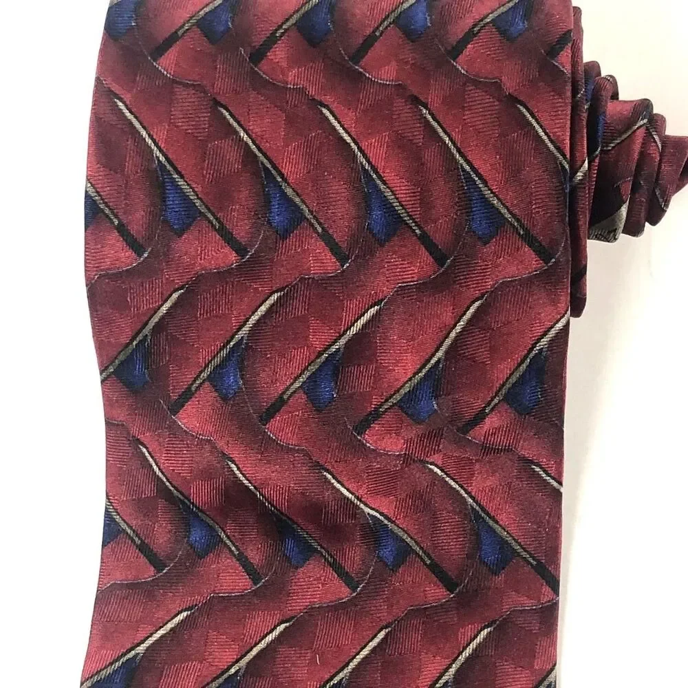 J.Z. Richards Parisian Silk Tie Geometric Foulard Hand Made USA Burgundy